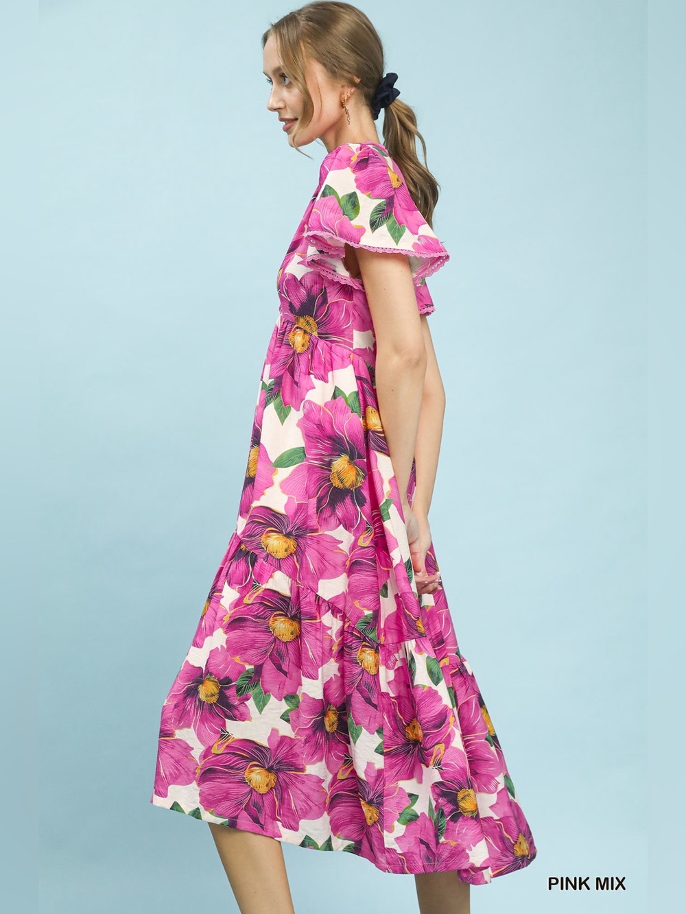 Umgee Tropical Floral V-Neck Flutter Sleeve Tiered Midi Dress - Picture 2 of 7